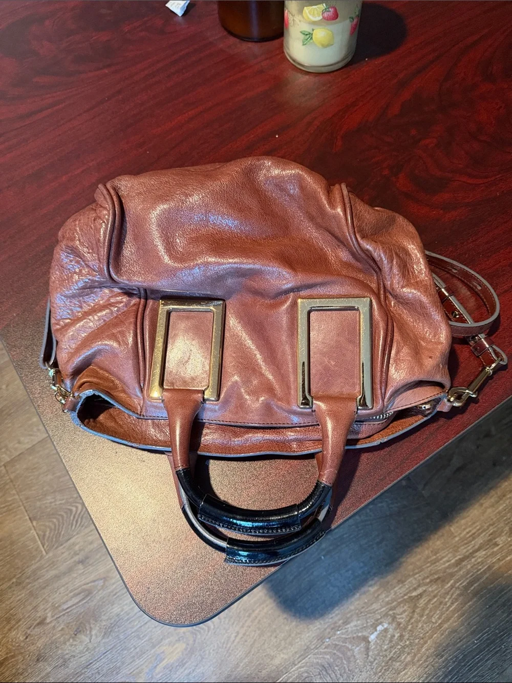 Chloe Rust Brown Leather Satchel with Black Top Handles